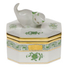 Hand-painted Herend Chinese Bouquet Green Small Octagonal Box - Cat in fine porcelain, 2.5in L X 2.5in W, on a white background