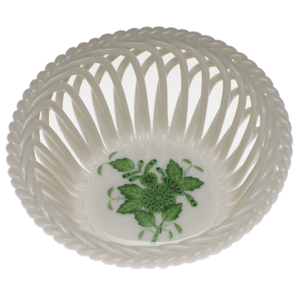 Hand-painted Herend Chinese Bouquet Green Small Openwork Basket in fine porcelain, 3.75in D, on a white background