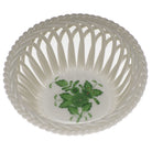 Hand-painted Herend Chinese Bouquet Green Small Openwork Basket in fine porcelain, 3.75in D, on a white background