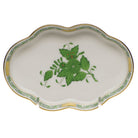 Hand-painted Herend Chinese Bouquet Green Small Scalloped Tray Decorative Plate in fine porcelain, 5.5in L, on a white background