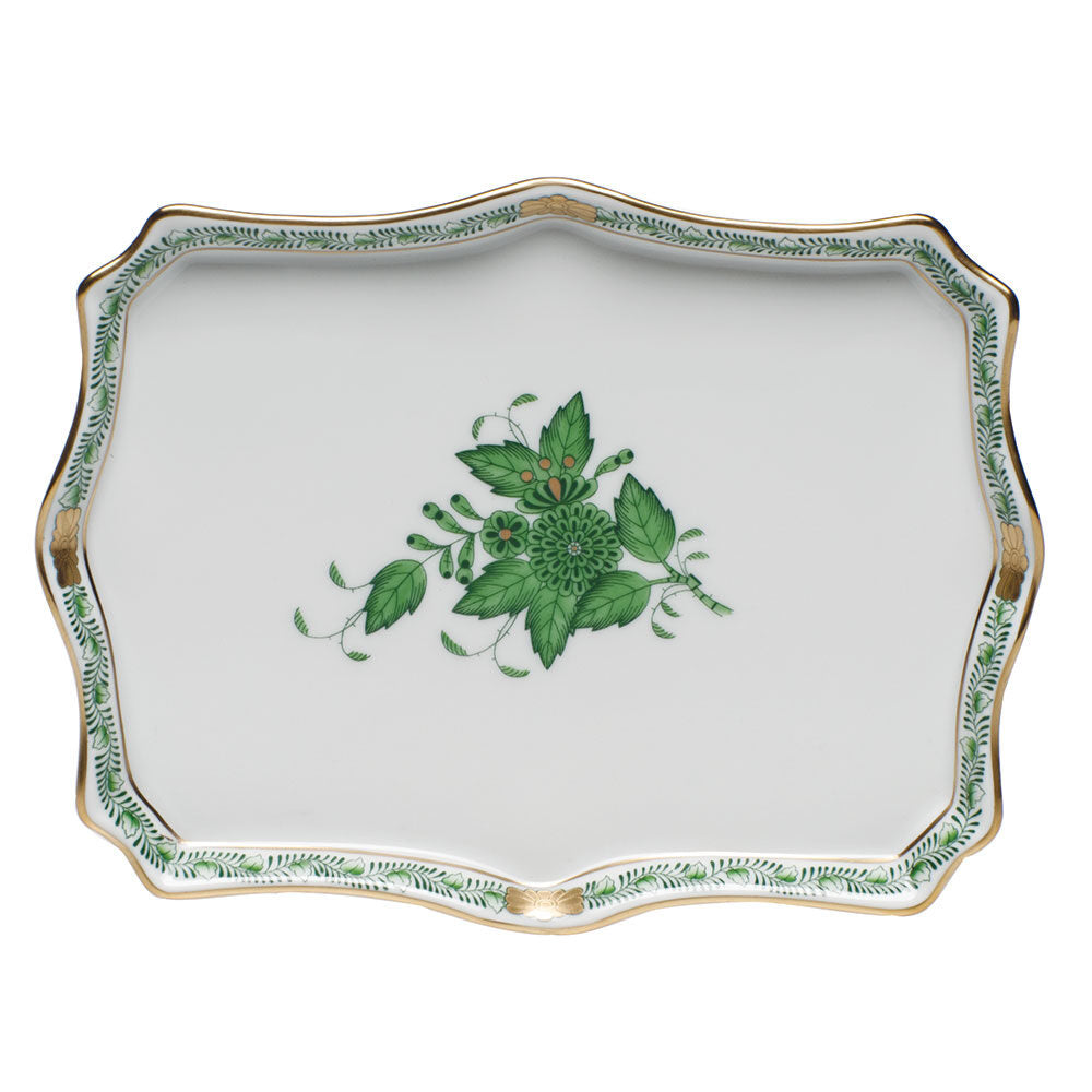 Hand-painted Herend Chinese Bouquet Green Small Tray Decorative Plate in fine porcelain, 7.5in L X 5.5in W, on a white background
