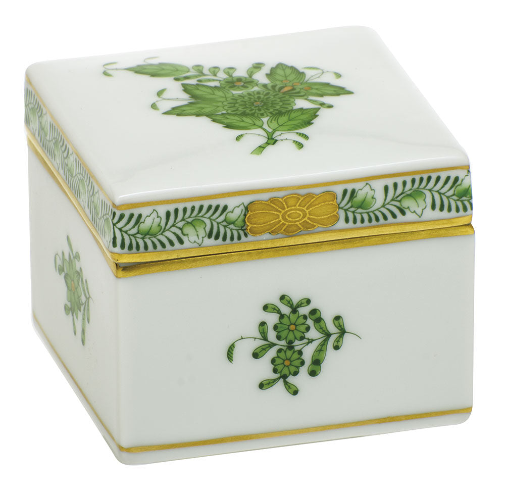 Hand-painted Herend Chinese Bouquet Green Square Box in fine porcelain, 2.25in L X 2.25in W X 2in H, on a white background