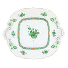 Hand-painted Herend Chinese Bouquet Green Square Cake Plate with Handles in fine porcelain, 9.5in SQ, on a white background