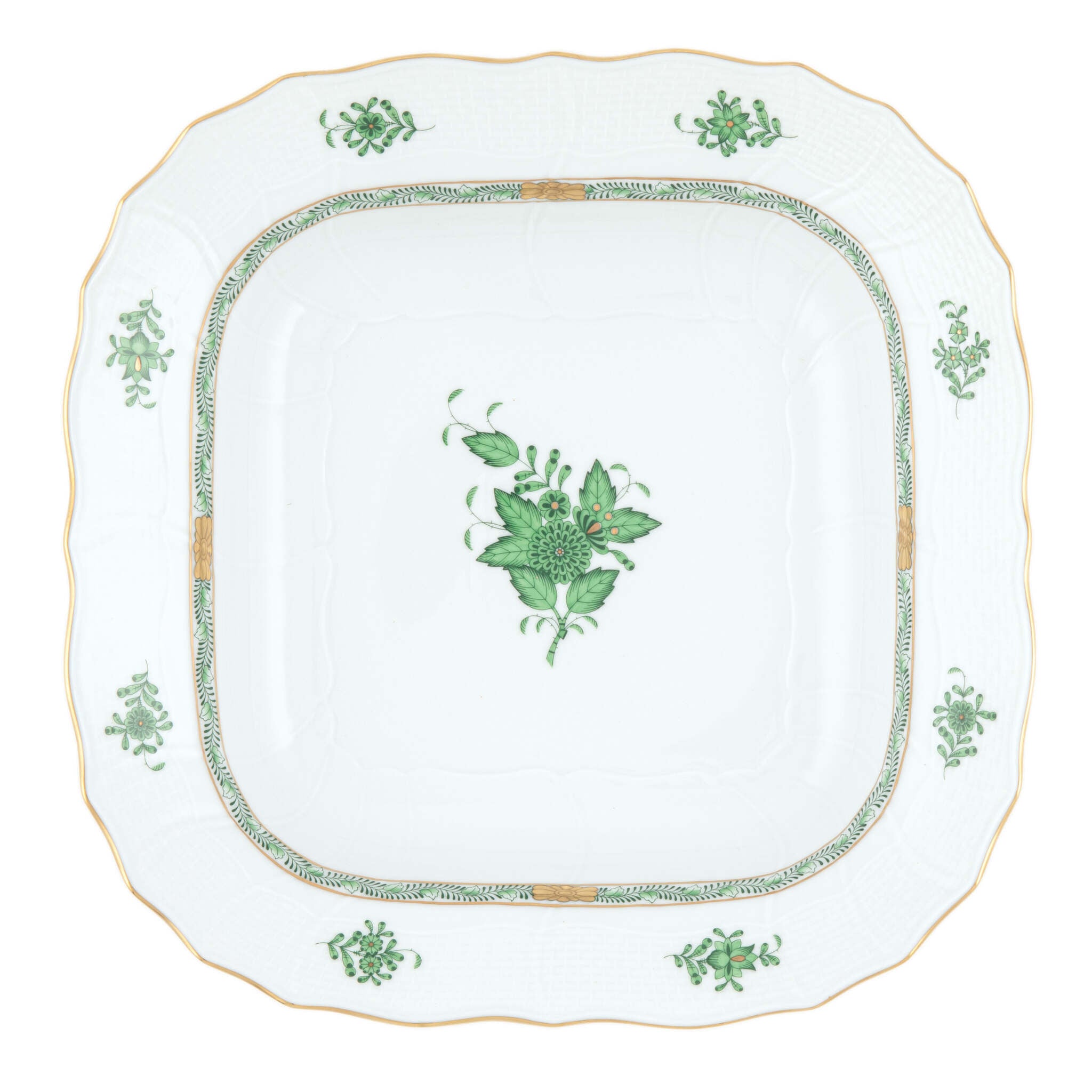 Hand-painted Herend Chinese Bouquet Green Square Fruit Dish in fine porcelain, 11in SQ, on a white background