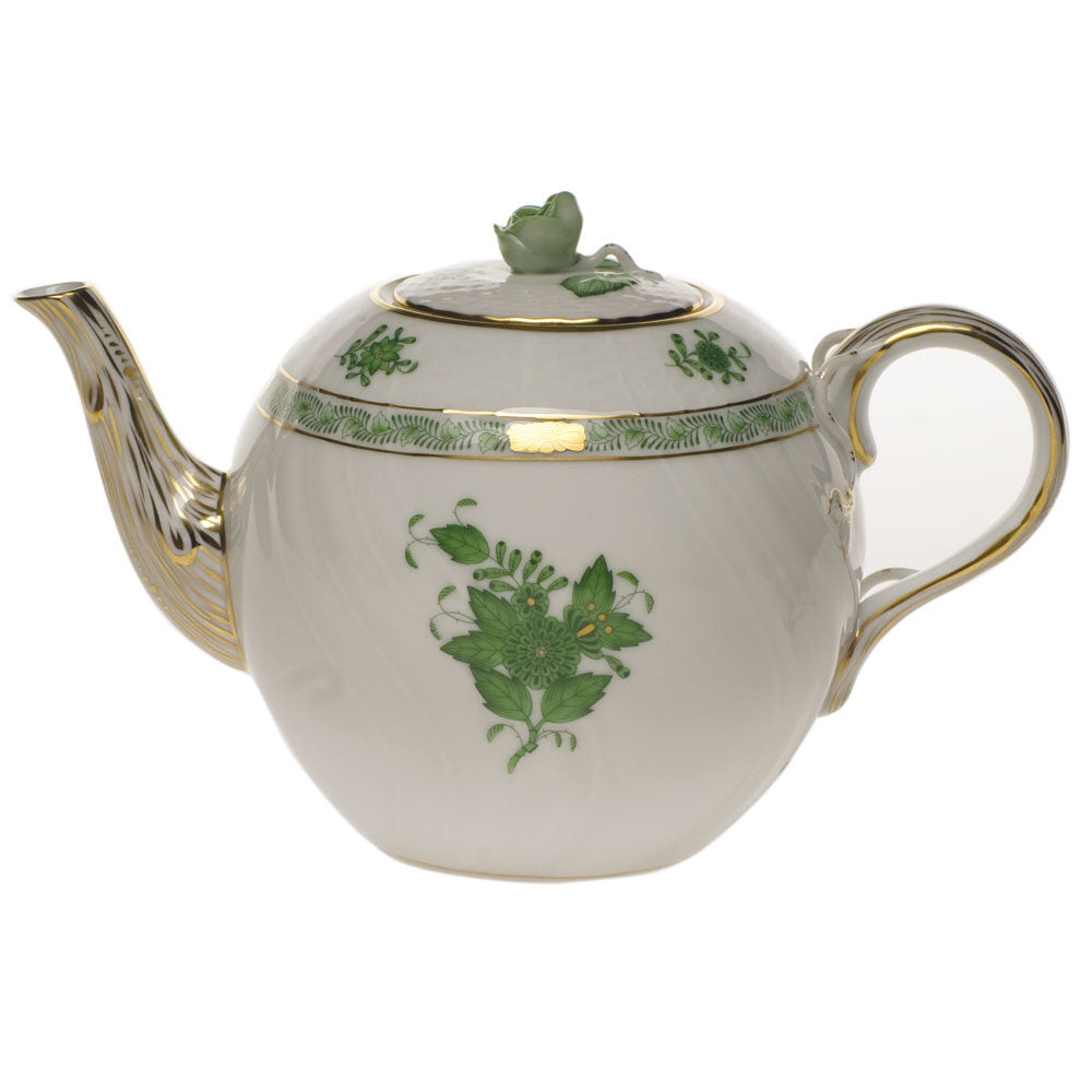 Hand-painted Herend Chinese Bouquet Green Tea Pot with Rose Teapot in fine porcelain, (36 OZ) 5.5in H, on a white background