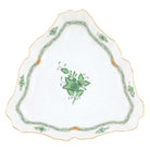 Hand-painted Herend Chinese Bouquet Green Triangle Dish in fine porcelain, 9.5in L, on a white background