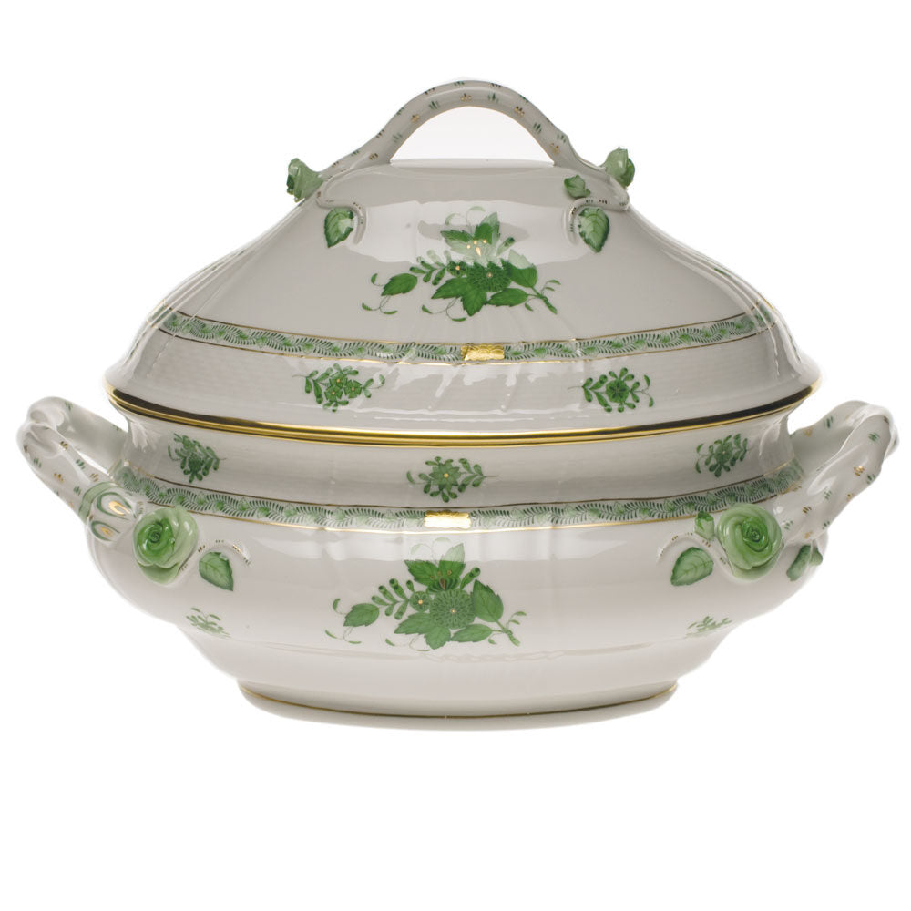 Hand-painted Herend Chinese Bouquet Green Tureen with Branch Handles in fine porcelain, (4 QT) 10in H, on a white background