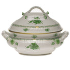 Hand-painted Herend Chinese Bouquet Green Tureen with Branch Handles in fine porcelain, (4 QT) 10in H, on a white background