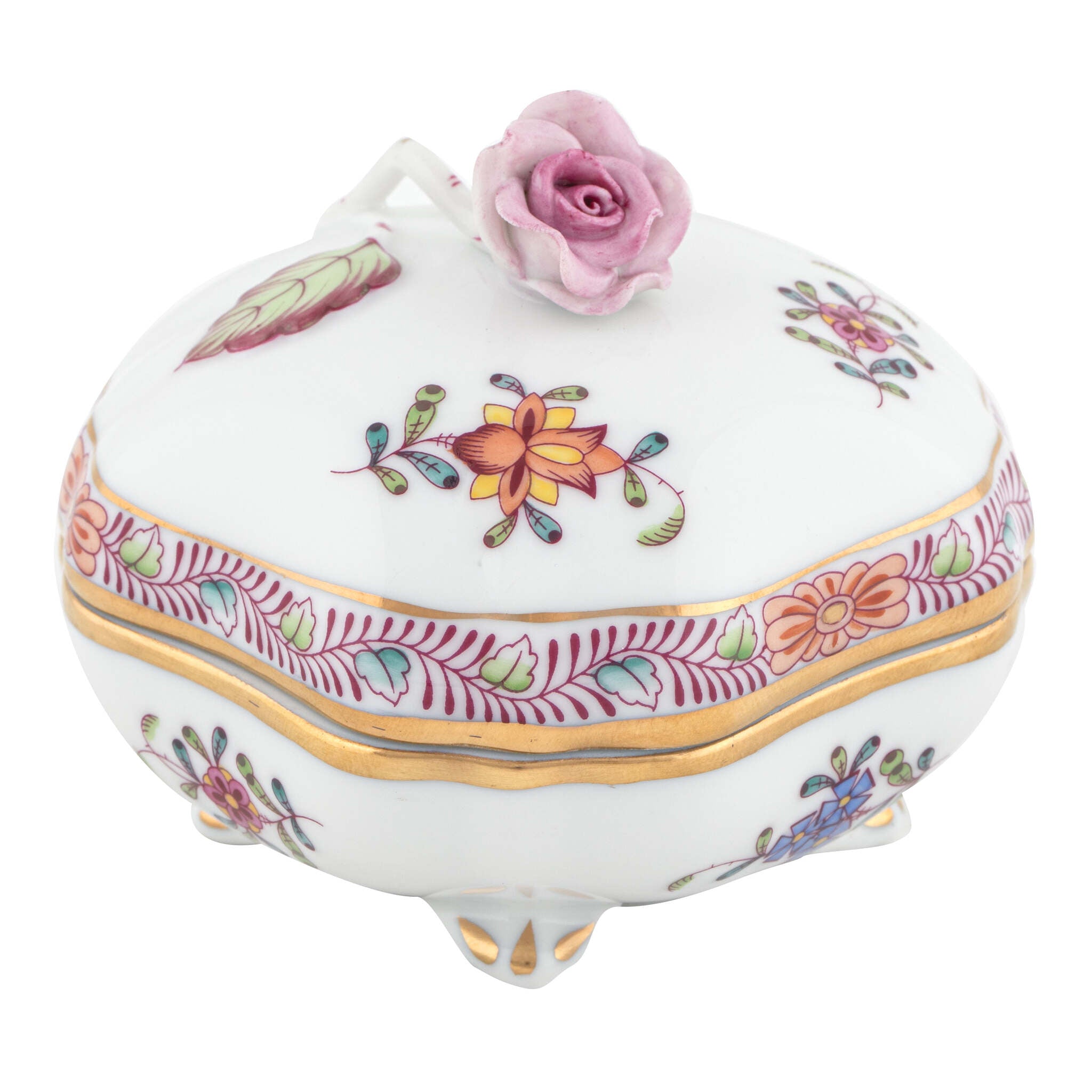 Hand-painted Herend Chinese Bouquet Multicolor Covered Bonbon with Rose Candy Dish in fine porcelain, 3in SQ, on a white background