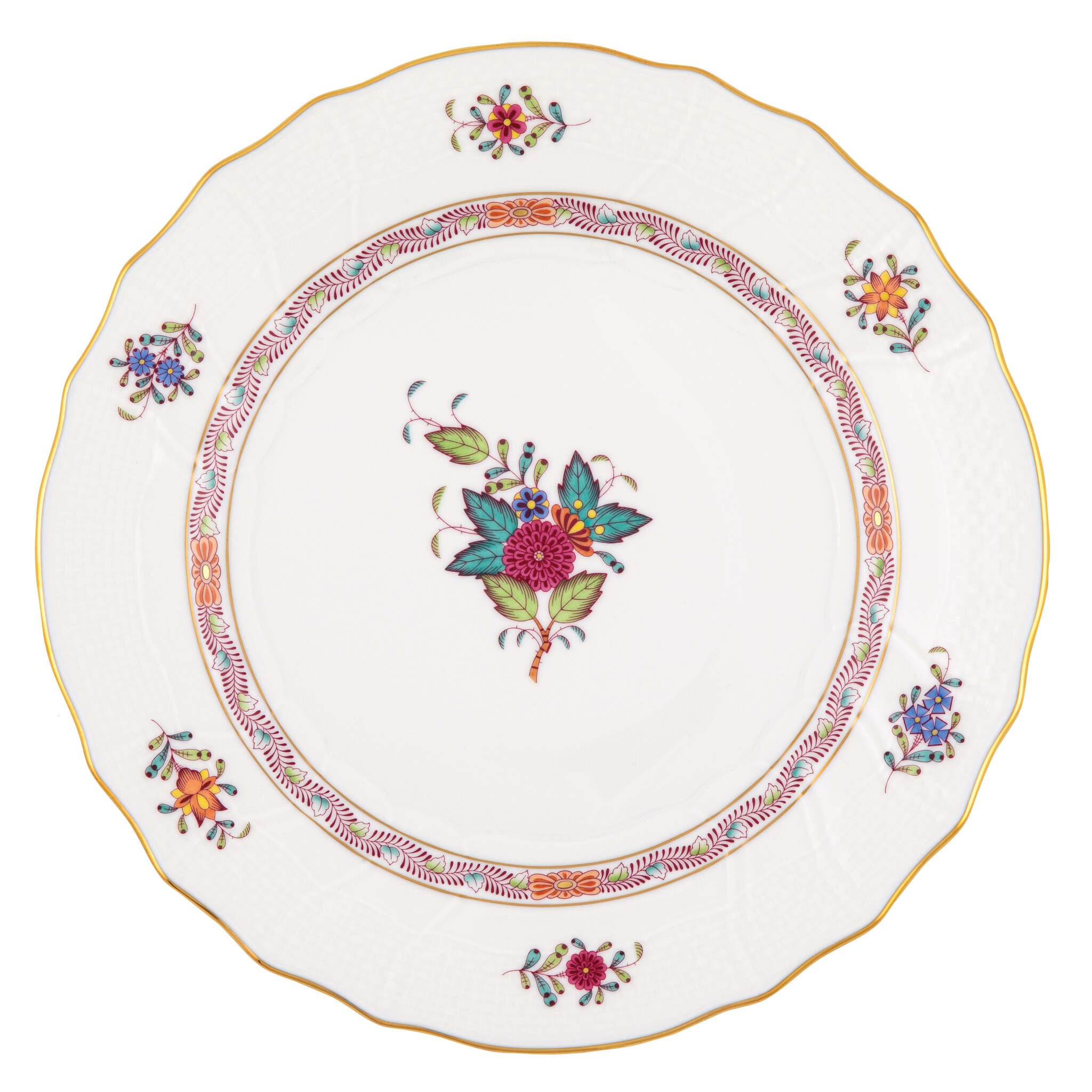 Hand-painted Herend Chinese Bouquet Multicolor Dinner Plate in fine porcelain, 10.5in D, on a white background