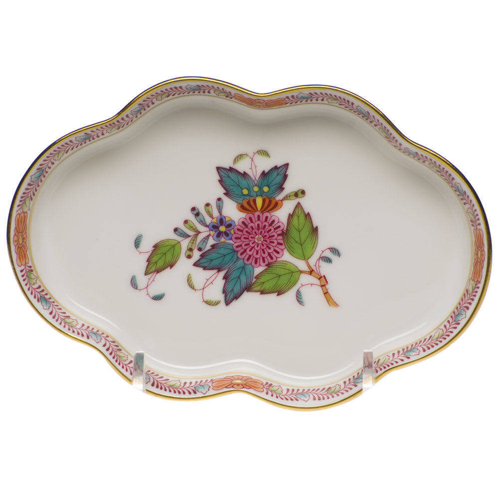 Hand-painted Herend Chinese Bouquet Multicolor Small Scalloped Tray Decorative Plate in fine porcelain, 5.5in L, on a white background