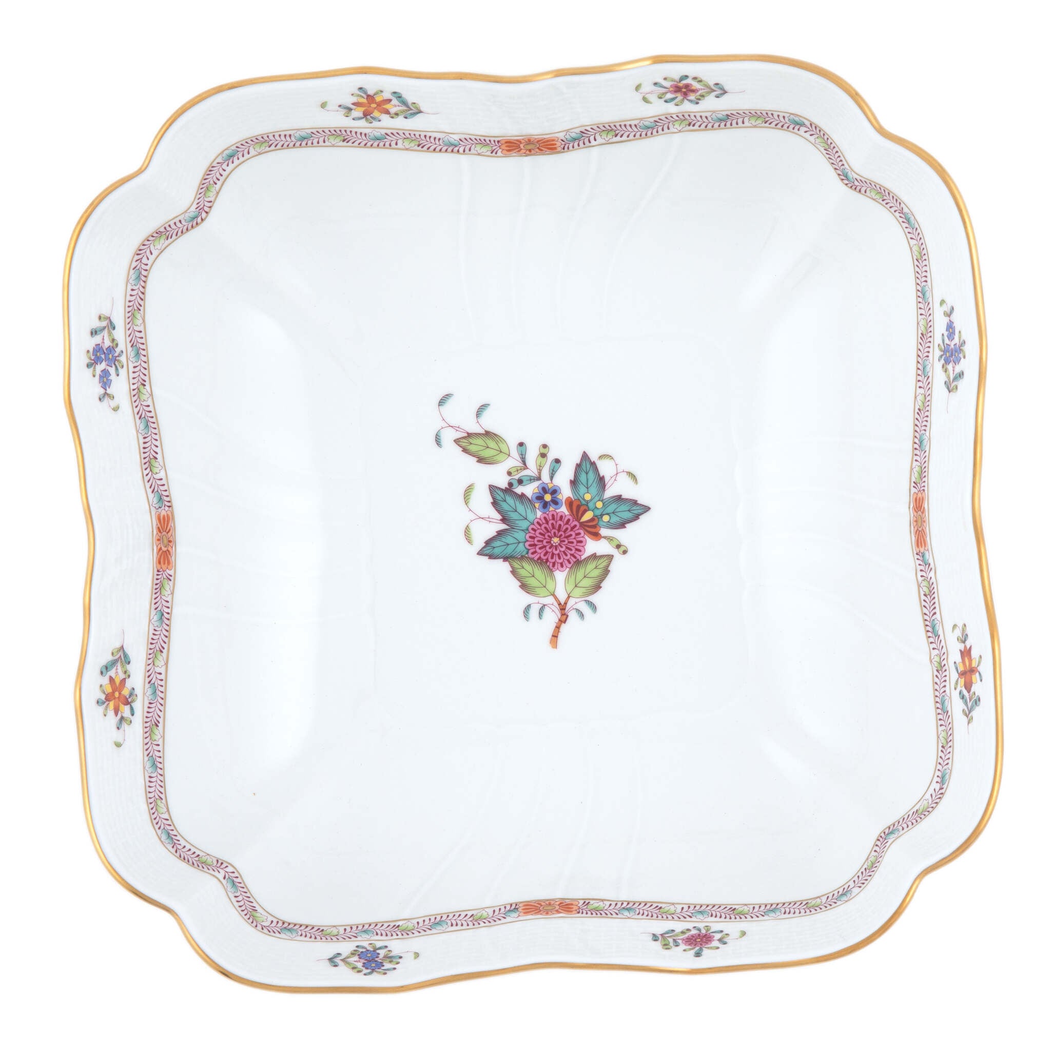Hand-painted Herend Chinese Bouquet Multicolor Square Salad Bowl in fine porcelain, 10in SQ, on a white background