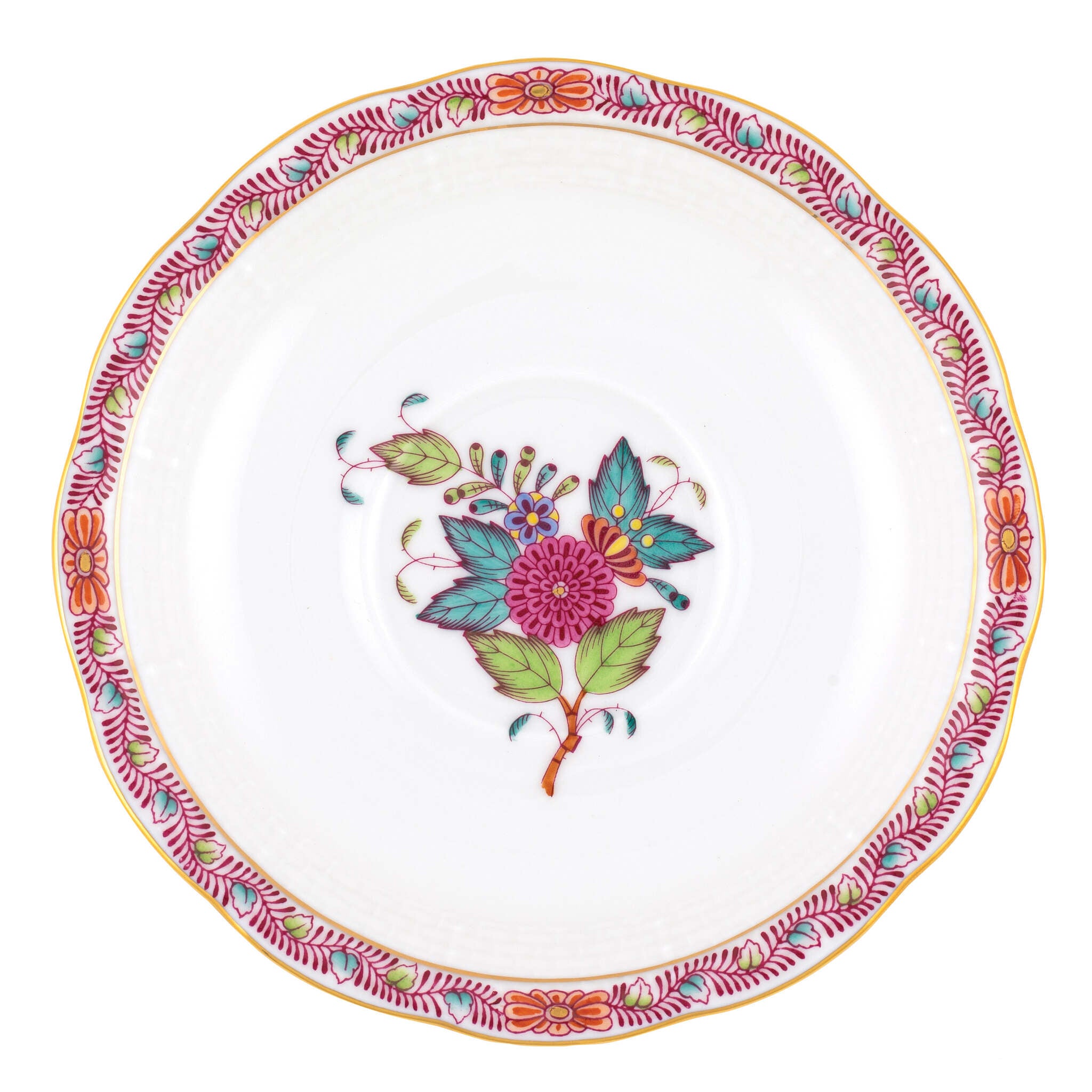 Hand-painted Herend Chinese Bouquet Multicolor Tea Saucer Cup & Saucer Set in fine porcelain, 6in D, on a white background
