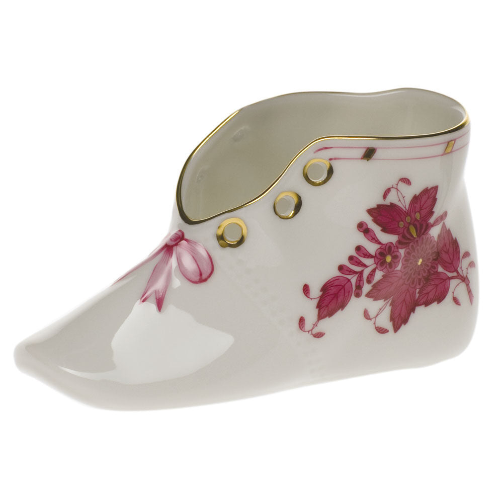 Hand-painted Herend Chinese Bouquet Raspberry Baby Shoe Baby Keepsake in fine porcelain, 4.5in L X 2.75in H, on a white background