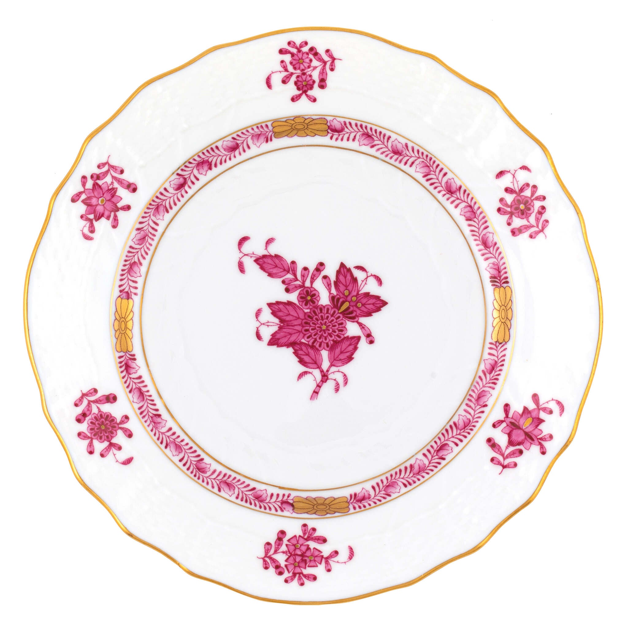 Hand-painted Herend Chinese Bouquet Raspberry Bread and Butter Plate in fine porcelain, 6in D, on a white background