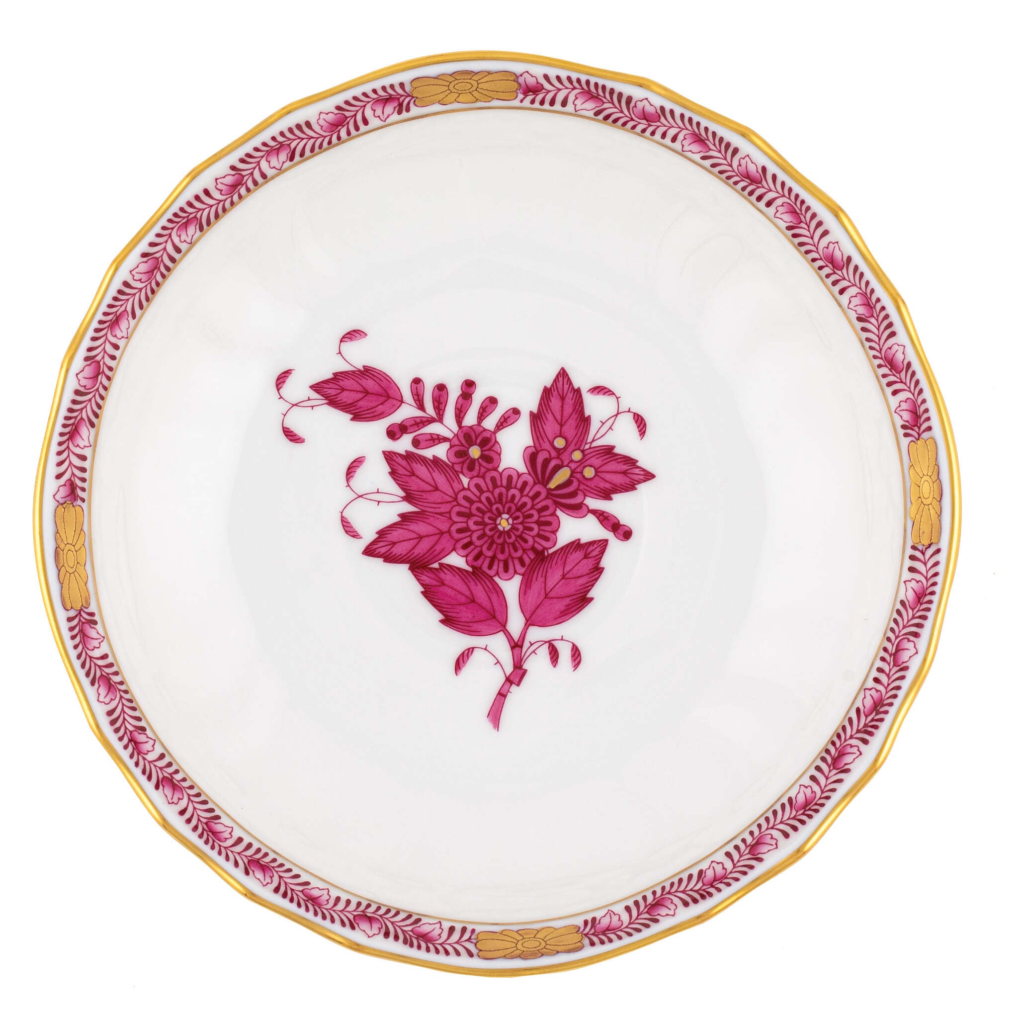 Hand-painted Herend Chinese Bouquet Raspberry Canton Saucer in fine porcelain, 5.5in D, on a white background