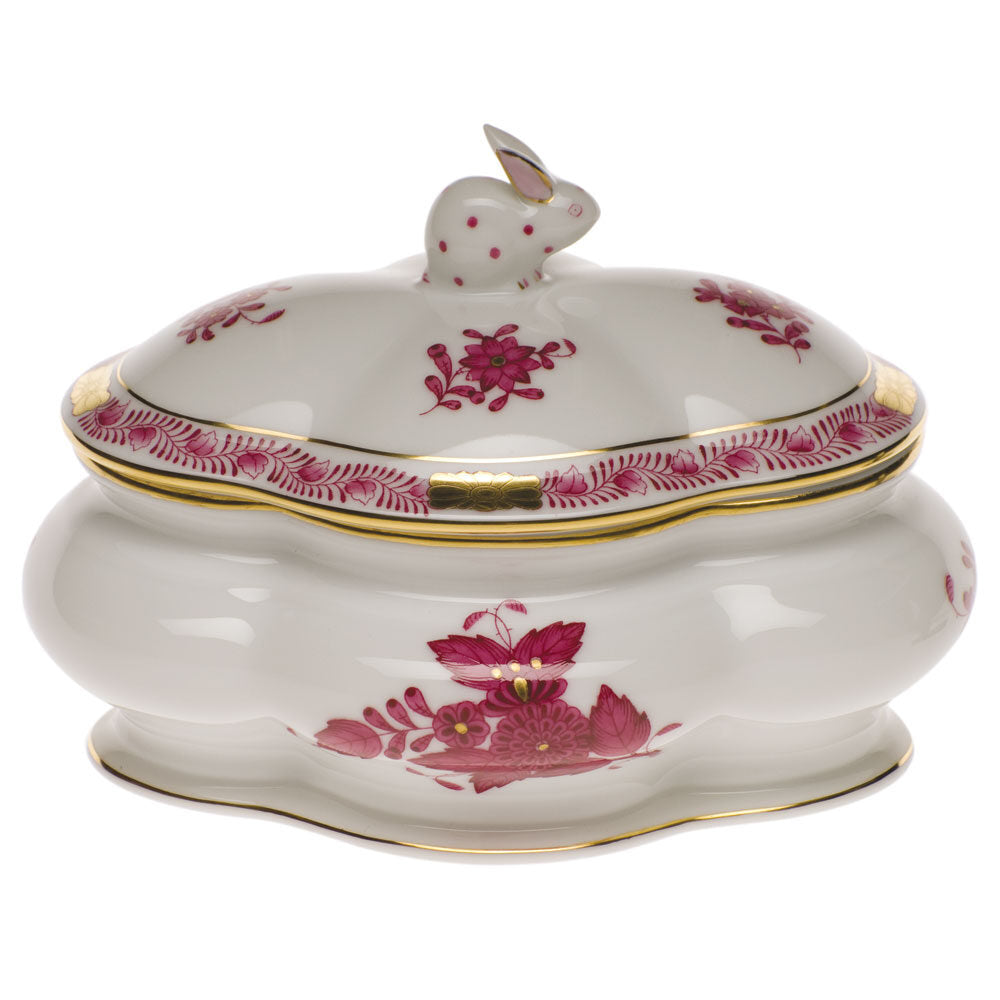 Hand-painted Herend Chinese Bouquet Raspberry Covered Bonbon with Bunny Candy Dish in fine porcelain, 5in L X 4in H, on a white background