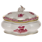 Hand-painted Herend Chinese Bouquet Raspberry Covered Bonbon with Bunny Candy Dish in fine porcelain, 5in L X 4in H, on a white background