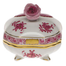 Hand-painted Herend Chinese Bouquet Raspberry Covered Bonbon with Rose Candy Dish in fine porcelain, 3in SQ, on a white background
