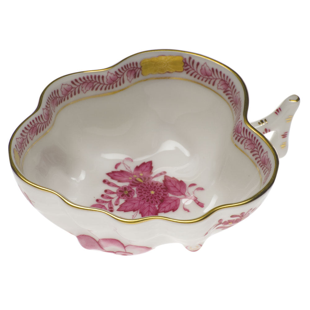 Hand-painted Herend Chinese Bouquet Raspberry Deep Leaf Dish in fine porcelain, 4in L X 3in W, on a white background