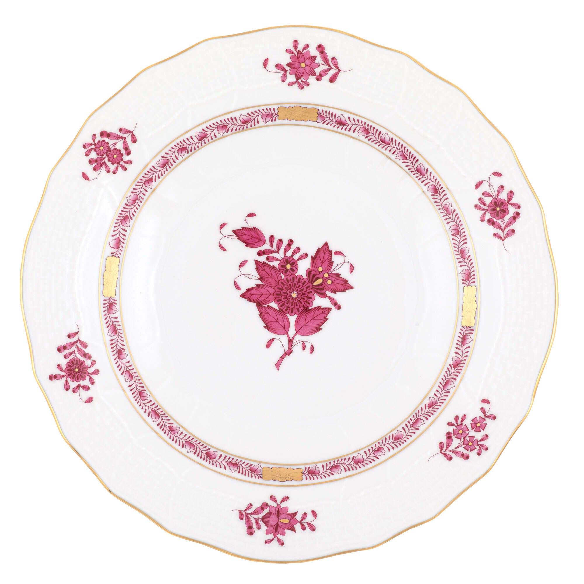 Hand-painted Herend Chinese Bouquet Raspberry Dessert Plate in fine porcelain, 8.25in D, on a white background