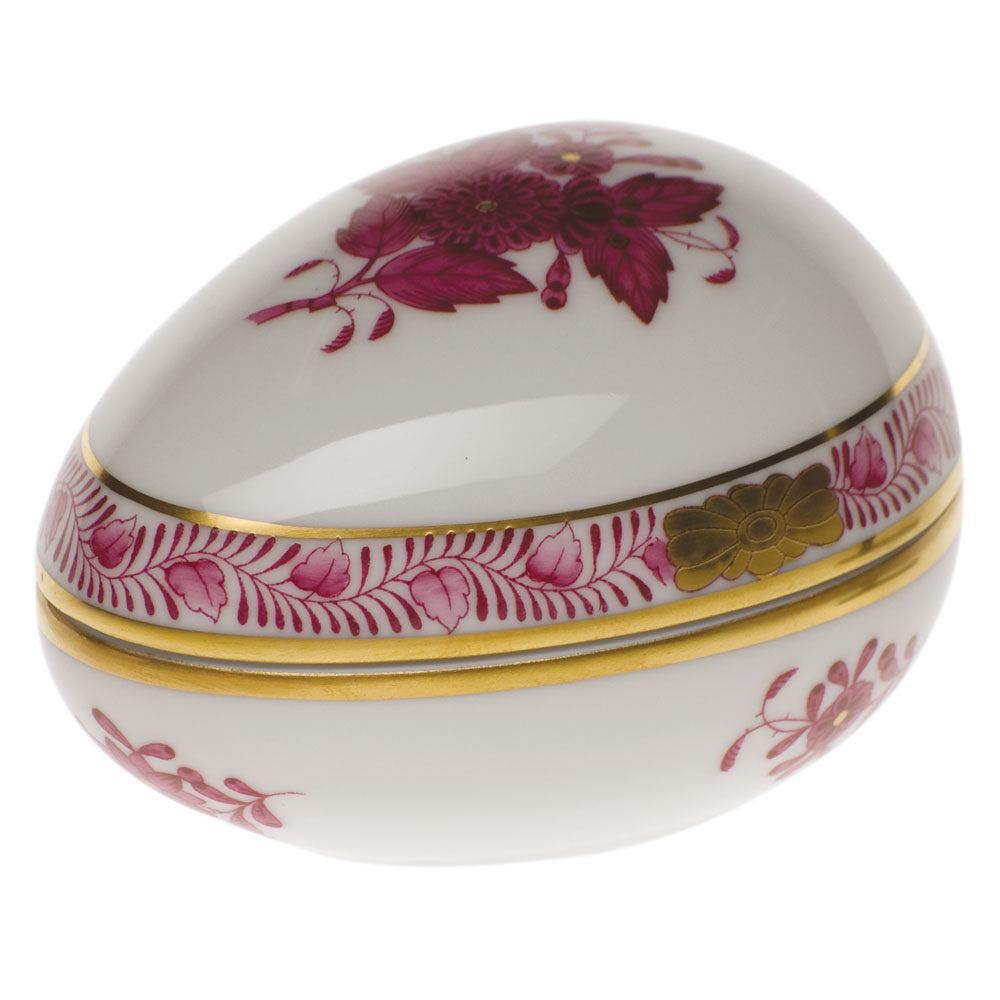 Hand-painted Herend Chinese Bouquet Raspberry Egg Bonbon Candy Dish in fine porcelain, 3in L X 3in H, on a white background