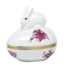 Hand-painted Herend Chinese Bouquet Raspberry Egg Bonbon with Bunny Candy Dish in fine porcelain, 3in L X 2.25in W X 3in H, on a white background