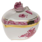 Hand-painted Herend Chinese Bouquet Raspberry Heart Bonbon with Rose Candy Dish in fine porcelain, 3in L X 2in H, on a white background