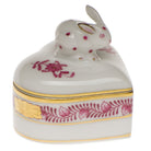 Hand-painted Herend Chinese Bouquet Raspberry Heart Box with Bunny in fine porcelain, 2in L X 2in W X 2in H, on a white background