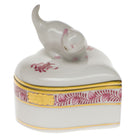 Hand-painted Herend Chinese Bouquet Raspberry Heart Box with Cat in fine porcelain, 2.25in L X 2.25in W, on a white background