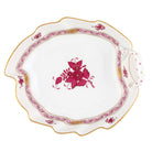 Hand-painted Herend Chinese Bouquet Raspberry Leaf Dish in fine porcelain, 7.75in L, on a white background