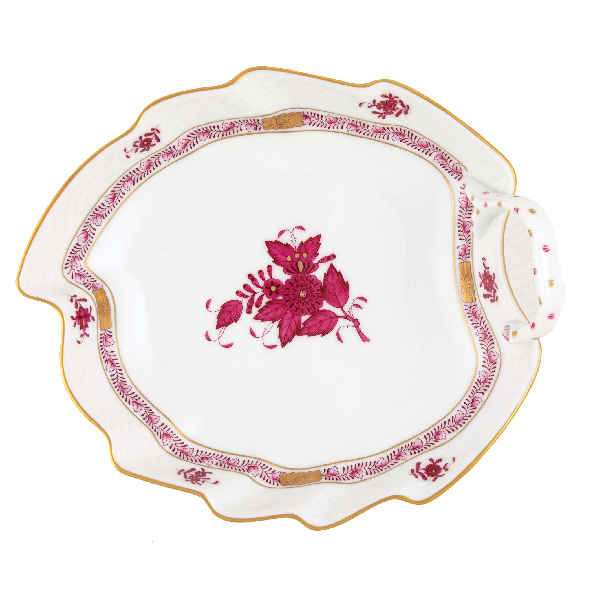 Hand-painted Herend Chinese Bouquet Raspberry Leaf Dish in fine porcelain, 7.75in L, on a white background
