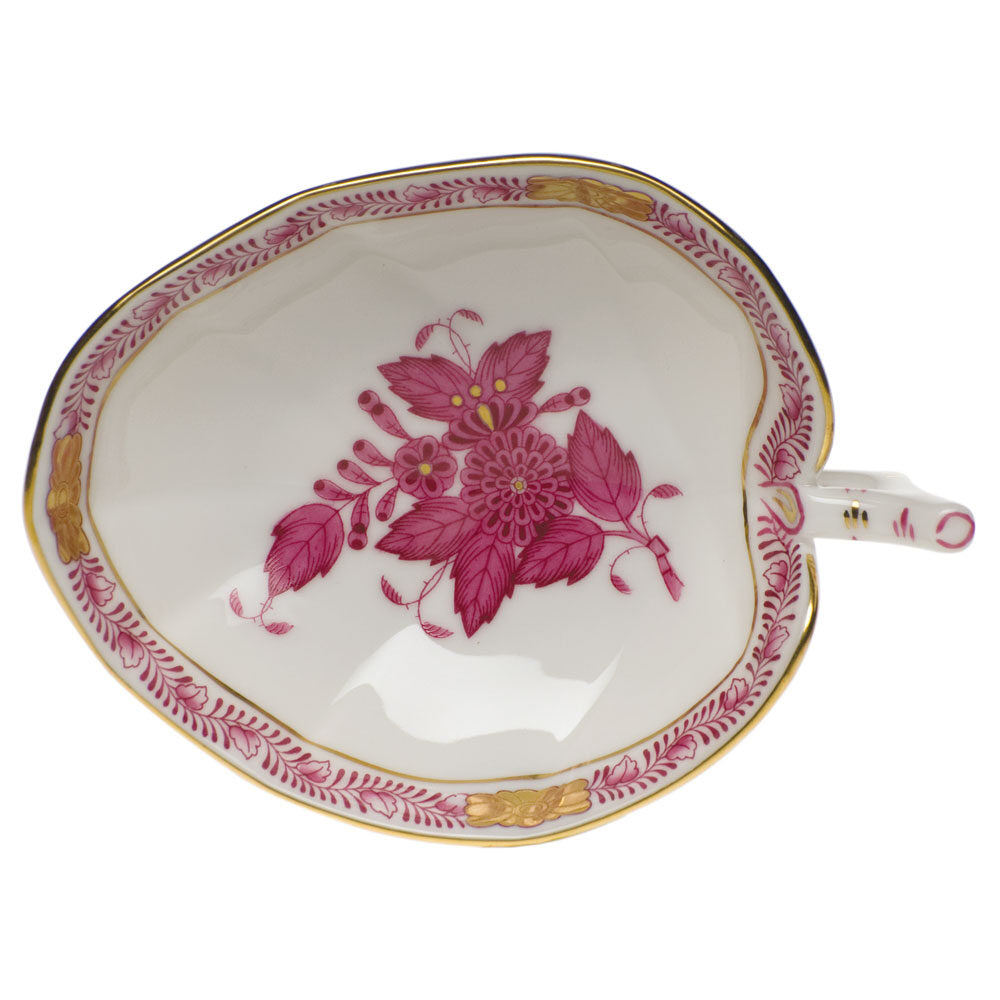 Hand-painted Herend Chinese Bouquet Raspberry Leaf Tray Decorative Plate in fine porcelain, 4.5in L X 3in W, on a white background