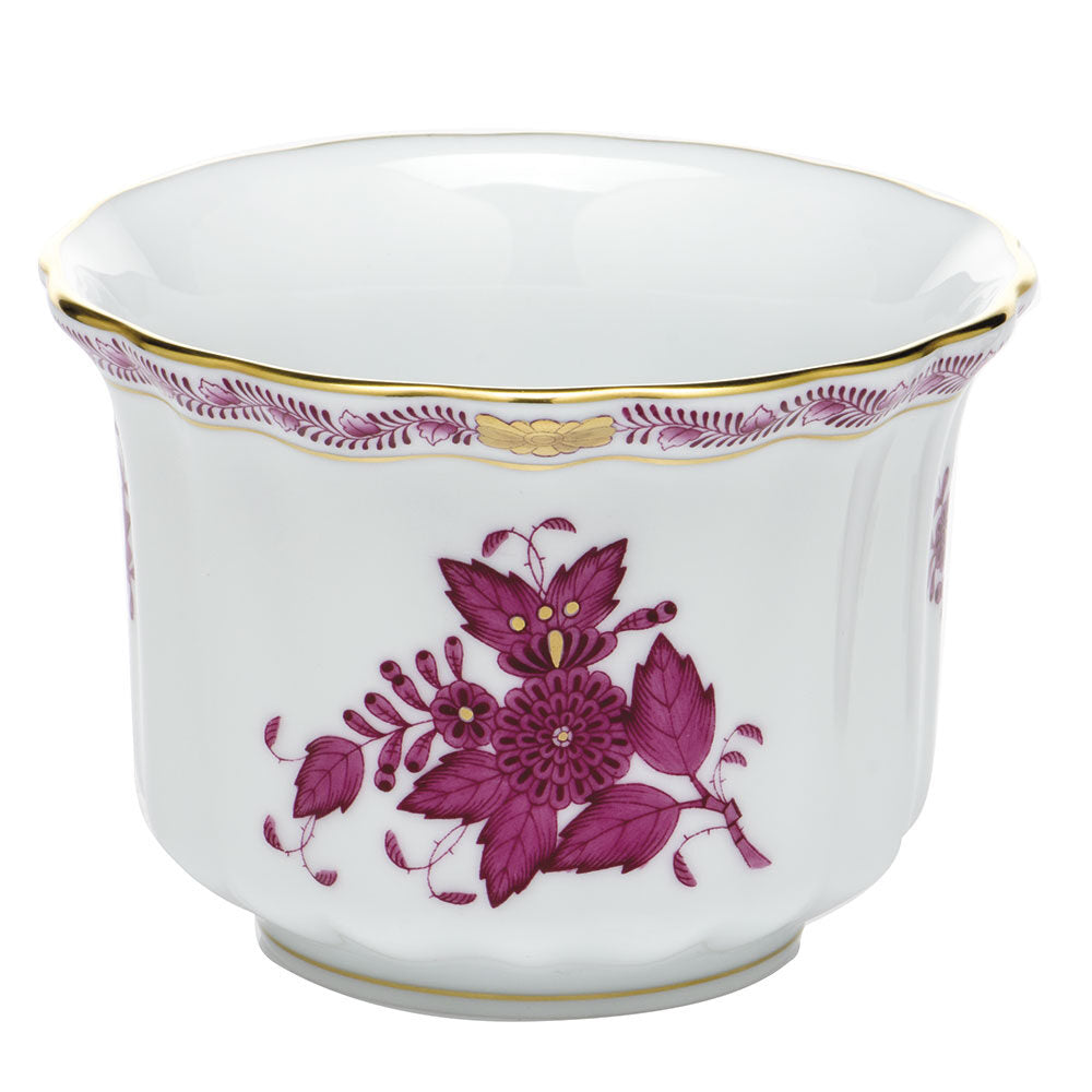 Hand-painted Herend Chinese Bouquet Raspberry Mini Cachepot in fine porcelain, 4.5in L X 4.5in H, on a white background