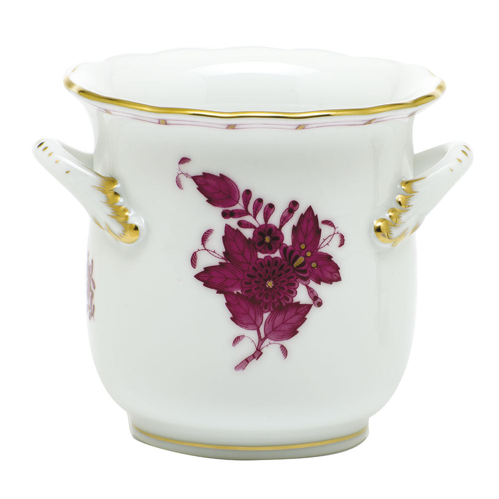 Hand-painted Herend Chinese Bouquet Raspberry Mini Cachepot with Handles in fine porcelain, 4.75in L X 3.75in H, on a white background