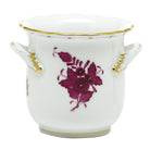 Hand-painted Herend Chinese Bouquet Raspberry Mini Cachepot with Handles in fine porcelain, 4.75in L X 3.75in H, on a white background