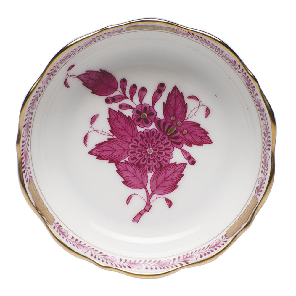 Hand-painted Herend Chinese Bouquet Raspberry Mini Scalloped Dish Decorative Plate in fine porcelain, 3.25in L X 0.75in H, on a white background