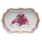 Hand-painted Herend Chinese Bouquet Raspberry Mini Scalloped Tray Decorative Plate in fine porcelain, 4.25in L X 3in W, on a white background