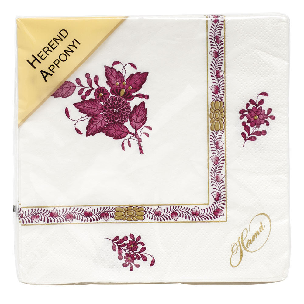 Hand-painted Herend Chinese Bouquet Raspberry Paper Napkins Pack of 20 in fine porcelain, Individual Napkin 6.5in SQ, on a white background