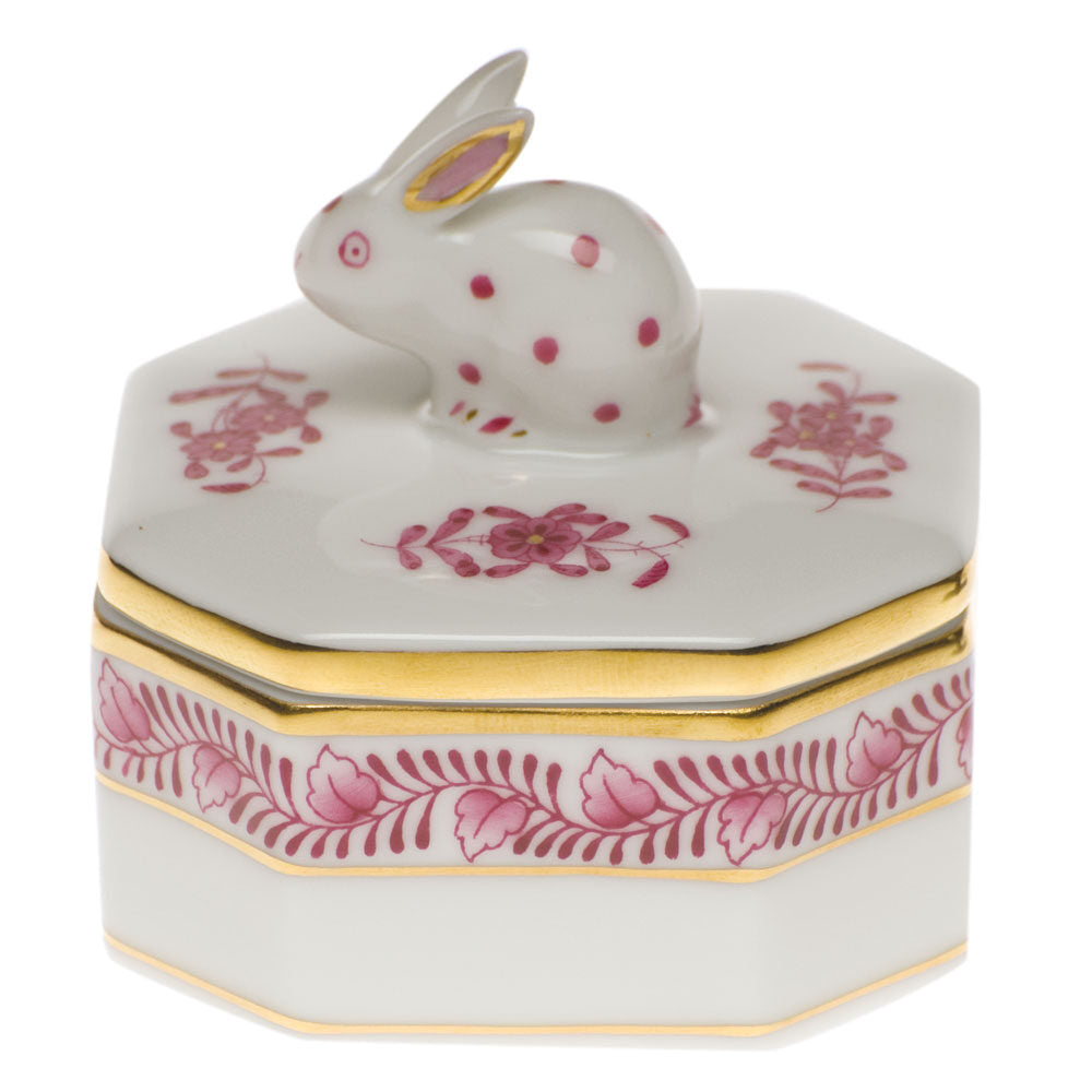 Hand-painted Herend Chinese Bouquet Raspberry Petite Octagonal Box in fine porcelain, 2in L X 2in H, on a white background