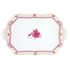 Hand-painted Herend Chinese Bouquet Raspberry Rec Tray with Branch Handles in fine porcelain, 18in L, on a white background