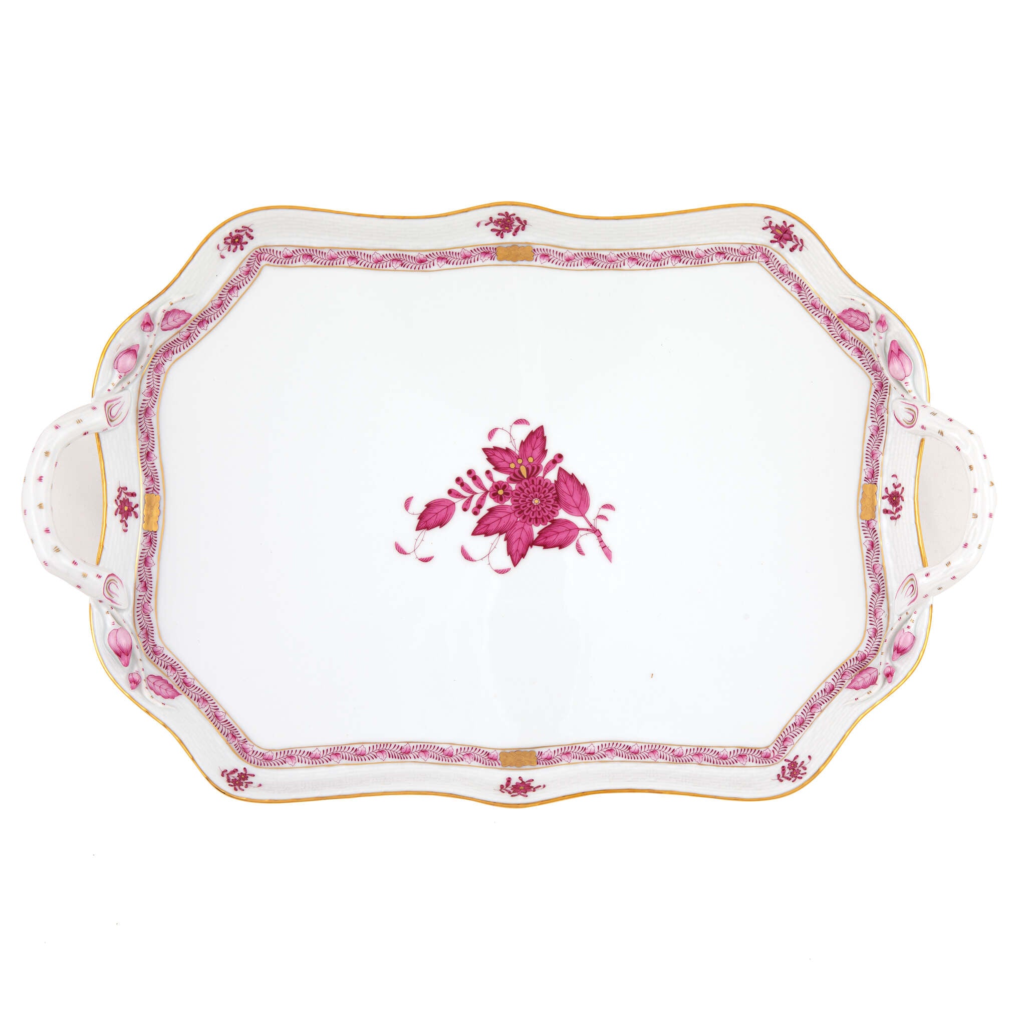 Hand-painted Herend Chinese Bouquet Raspberry Rec Tray with Branch Handles in fine porcelain, 18in L, on a white background