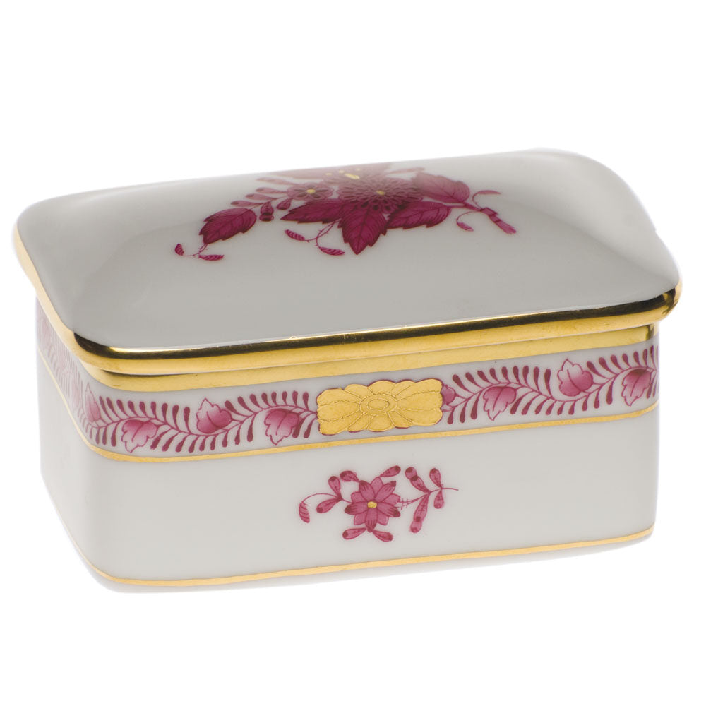 Hand-painted Herend Chinese Bouquet Raspberry Rectangular Box in fine porcelain, 3in L X 2in W, on a white background