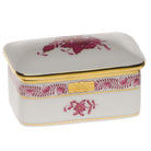 Hand-painted Herend Chinese Bouquet Raspberry Rectangular Box in fine porcelain, 3in L X 2in W, on a white background