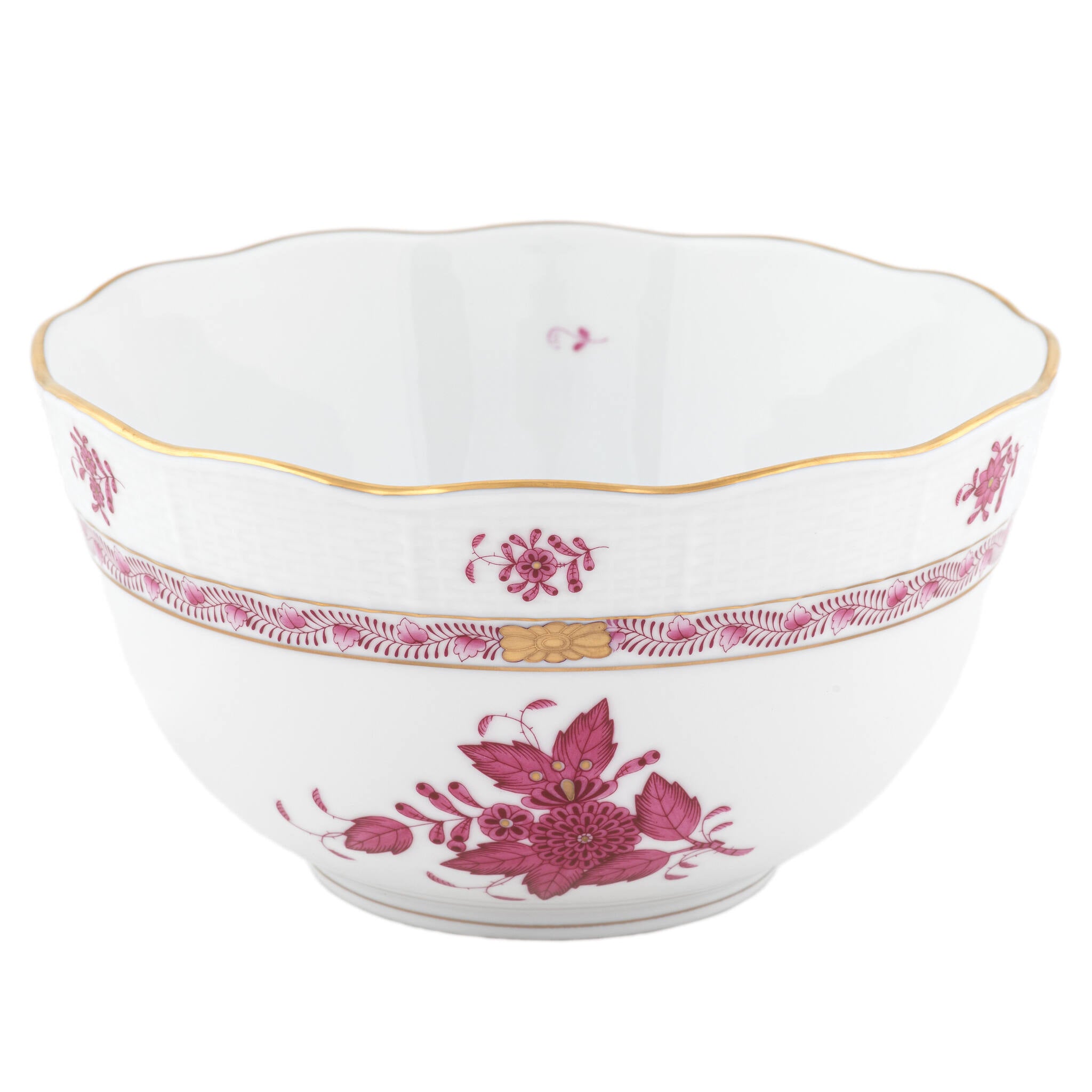 Hand-painted Herend Chinese Bouquet Raspberry Round Bowl in fine porcelain, (3.5 PT) 7.5in D, on a white background