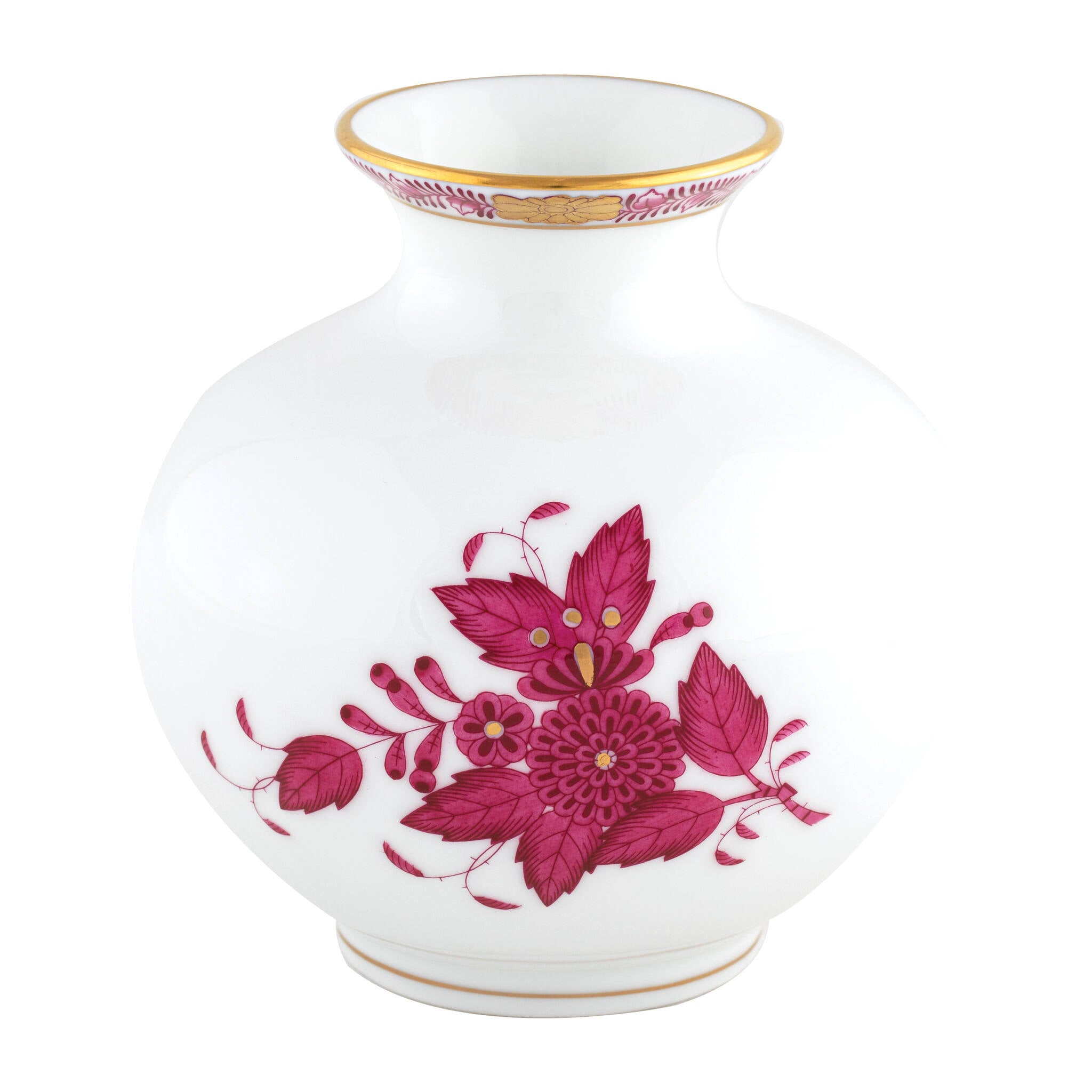 Hand-painted Herend Chinese Bouquet Raspberry Round Vase in fine porcelain, 4.5in H X 4.5in D, on a white background