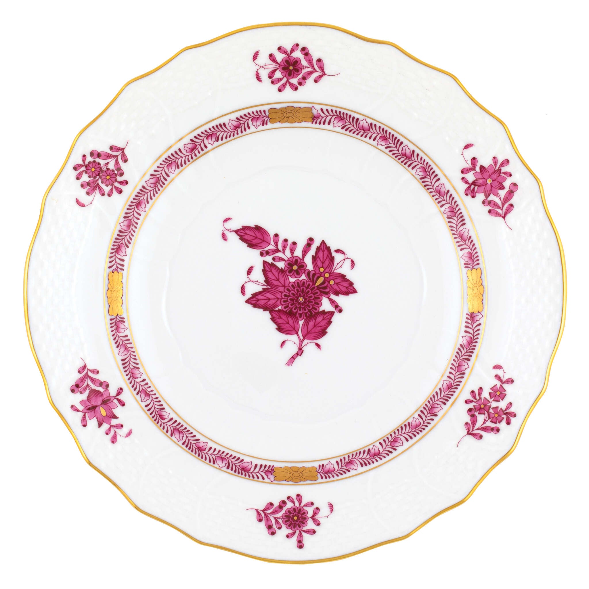 Hand-painted Herend Chinese Bouquet Raspberry Salad Plate in fine porcelain, 7.5in D, on a white background