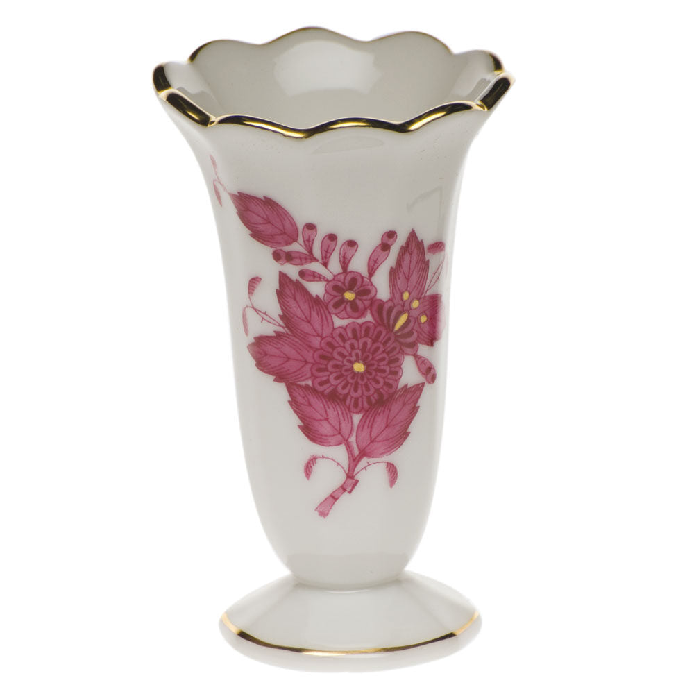Hand-painted Herend Chinese Bouquet Raspberry Scalloped Bud Vase in fine porcelain, 2.5in H, on a white background
