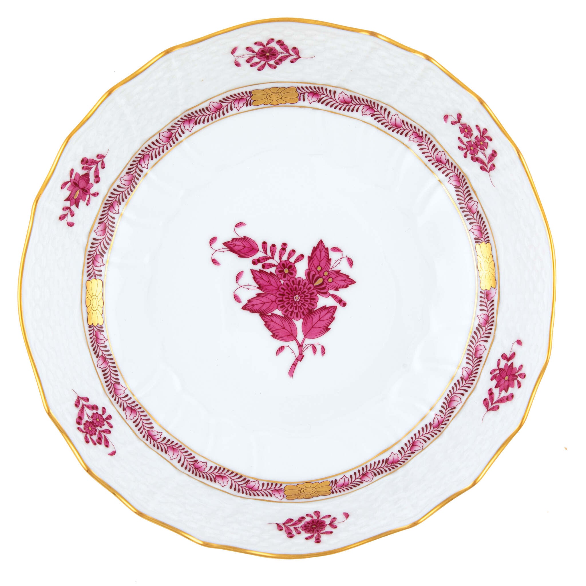 Hand-painted Herend Chinese Bouquet Raspberry Scalloped Dinner Bowl in fine porcelain, 8in D X 2in H, on a white background