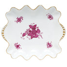 Hand-painted Herend Chinese Bouquet Raspberry Small Dish with Pearls Decorative Plate in fine porcelain, 5.75in L X 6.75in W, on a white background